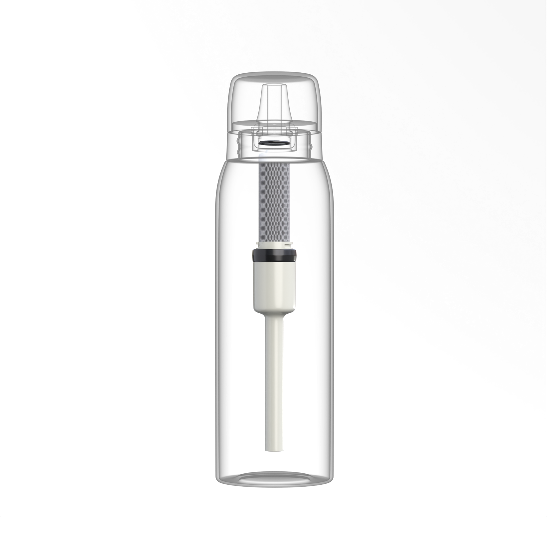 SafeSip filtration system analysis with a white background. Interior of the NOMAD Bottles Filtration system