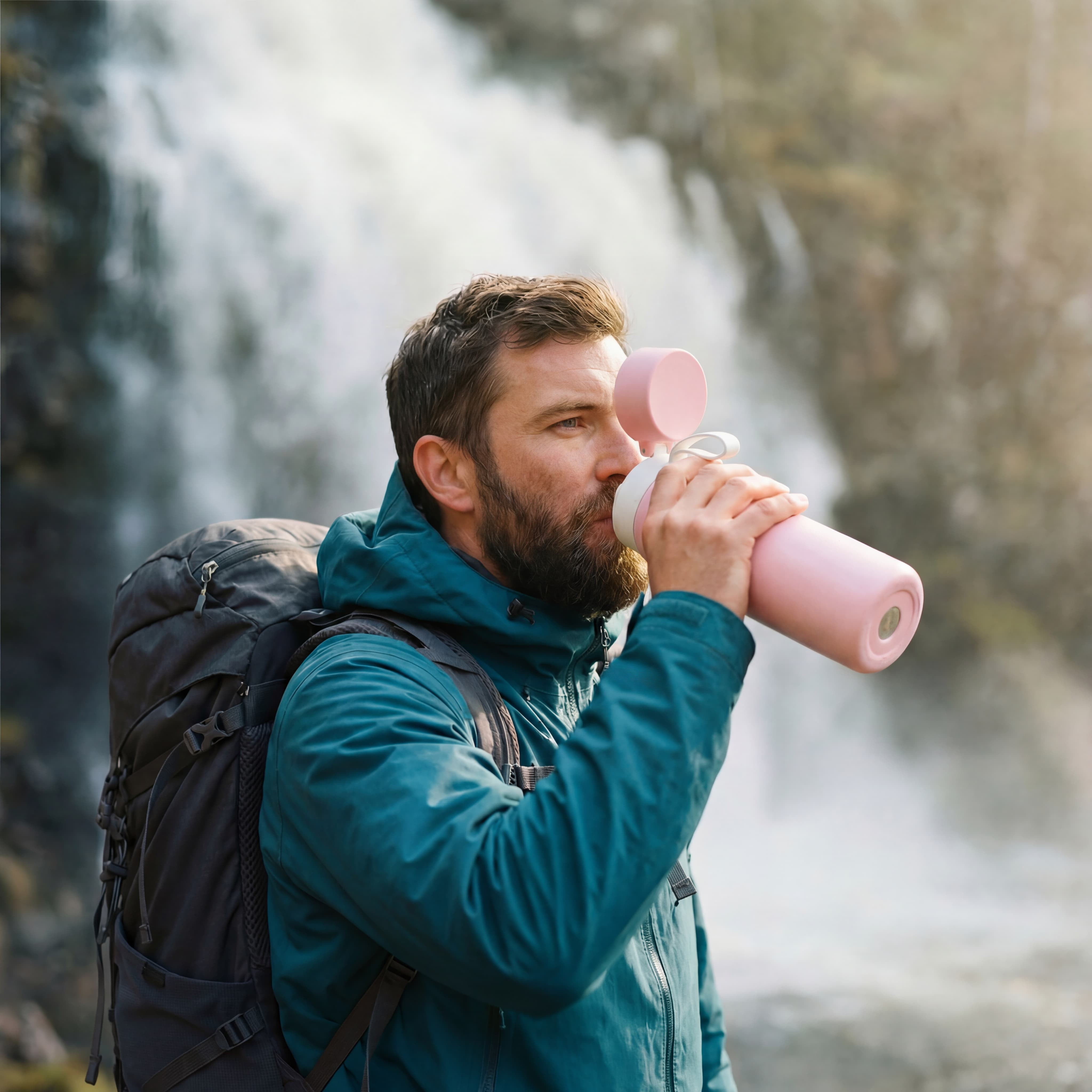 Man drinking from a NOMAD SafeSip pink purifier water bottle with a waterfall in the background