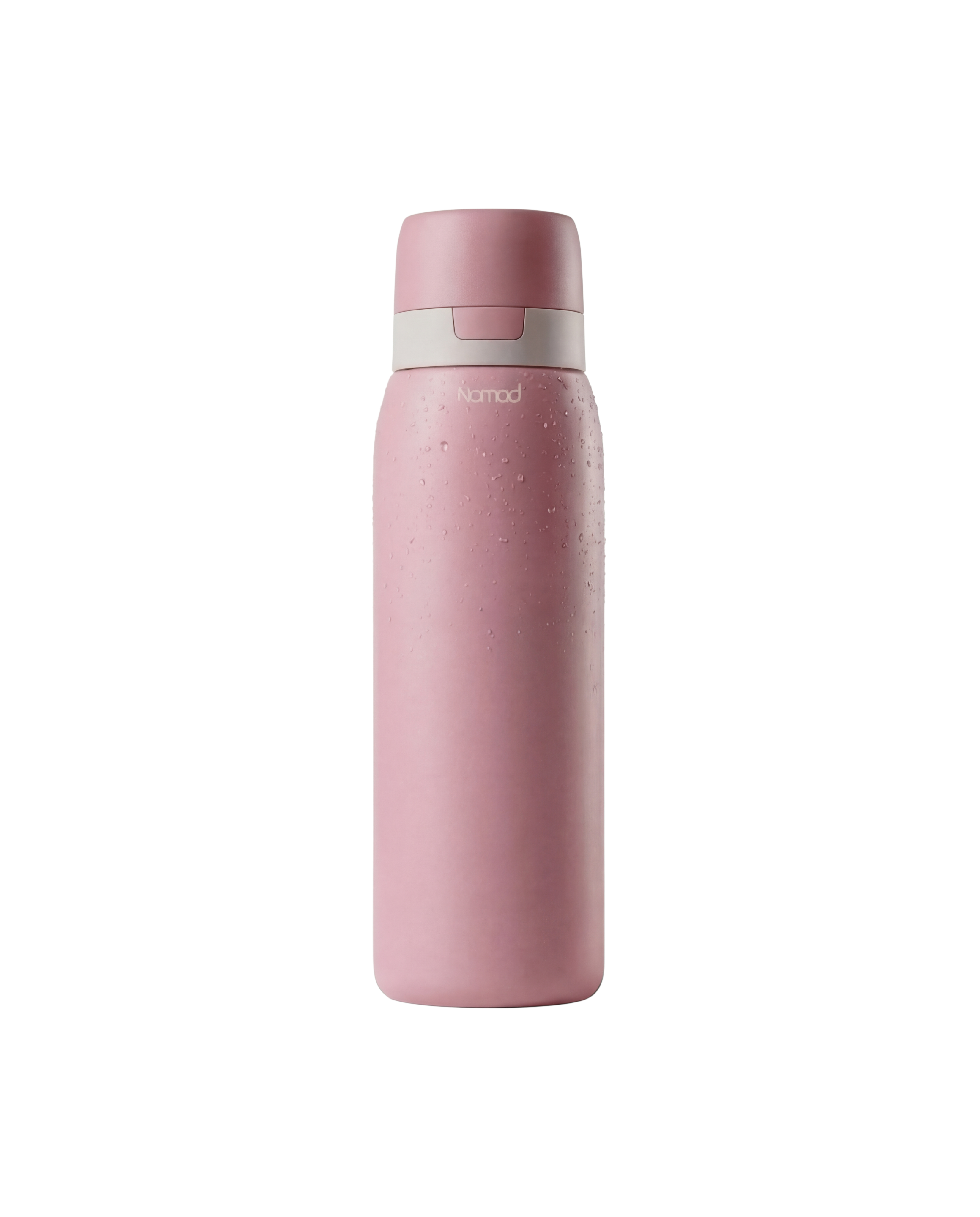 Pink water bottle with NOMAD logo, bottle with white cap on a white background