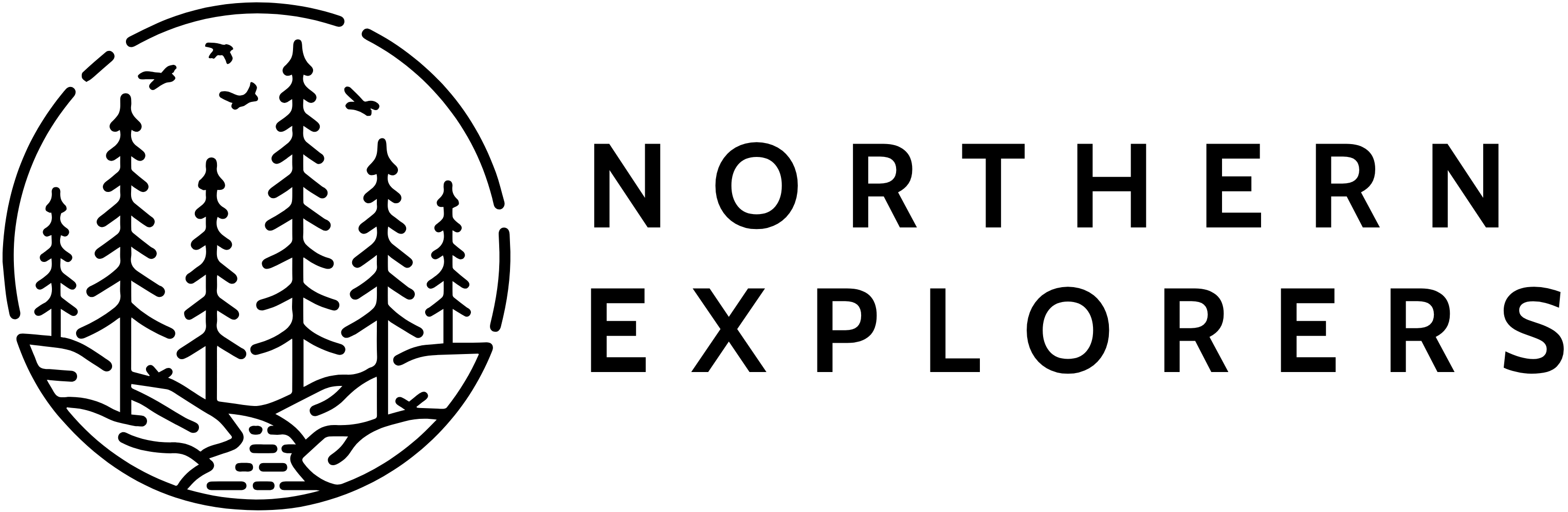 Black line art logo for Northern Explorers featuring a circular forest scene on the left and the words 'NORTHERN EXPLORERS' on the right, on a white background.