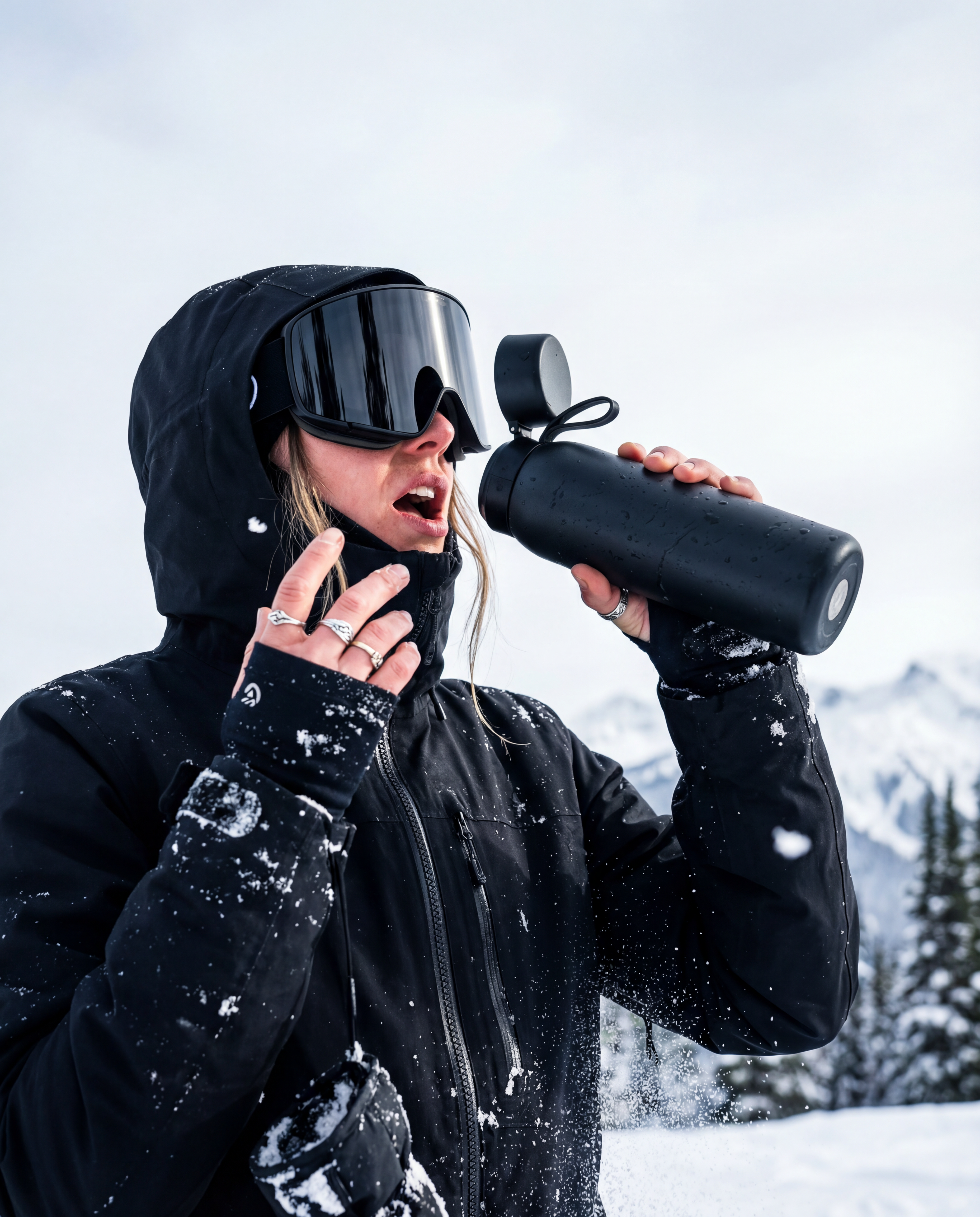 Women drinking from the NOMAD SafeSip bottle while skiing outside. Beautiful white and blue sky with trees in the background.