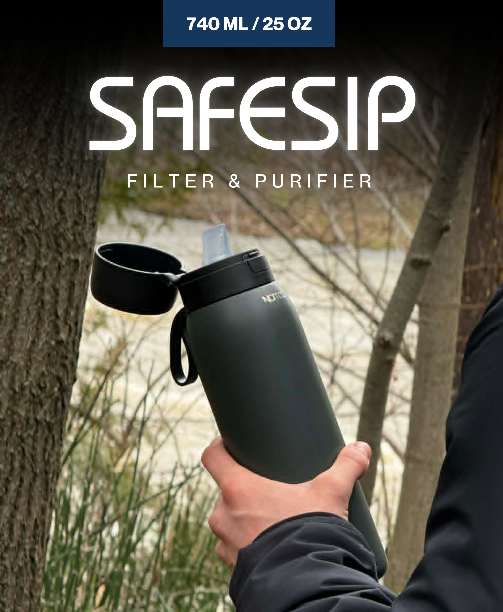 Person holding a water filter and purifier labeled 'SAFESIP' in an outdoor setting.