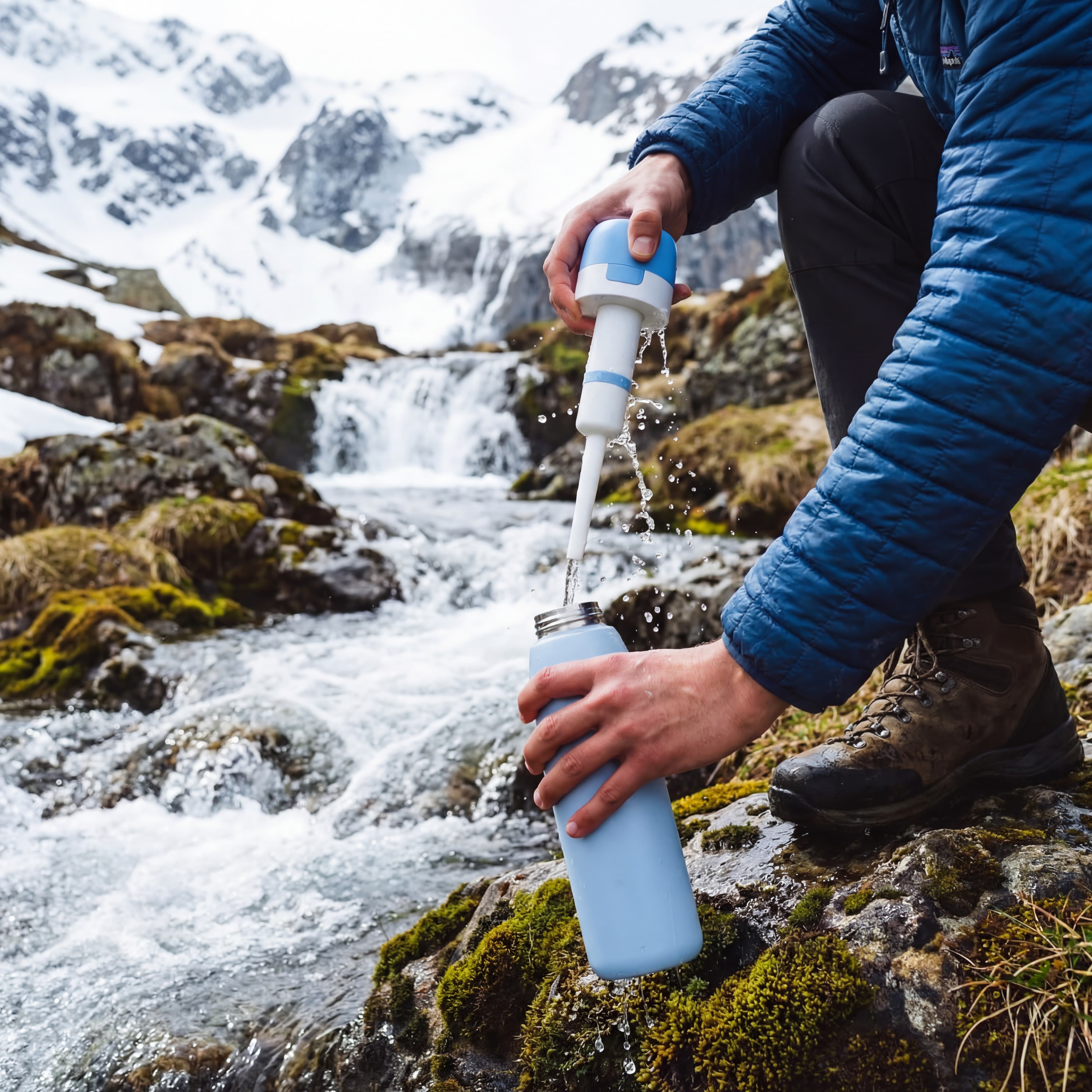 Person filtering water from a NOMAD water bottle using a portable water filter straw in a mountainous area.