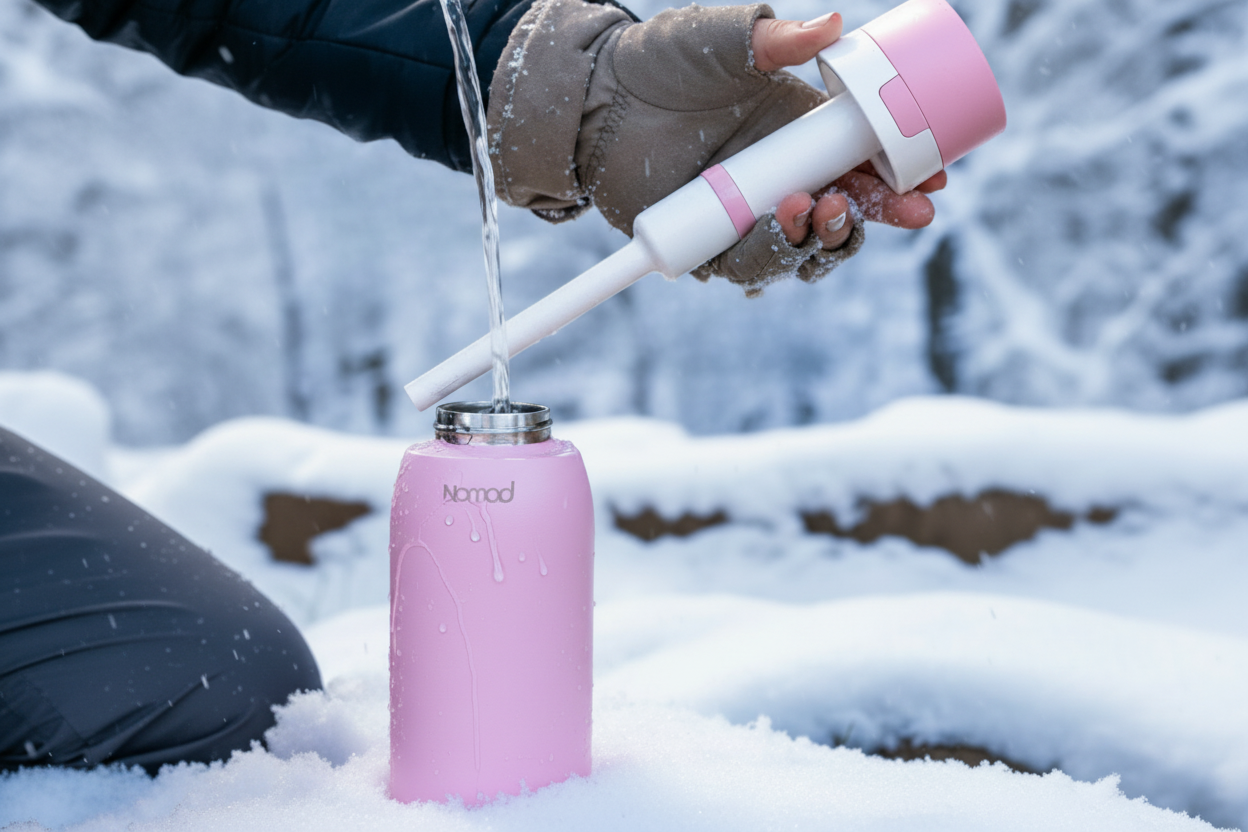 Person filling a pink Nomad water bottle with snow in a snowy setting