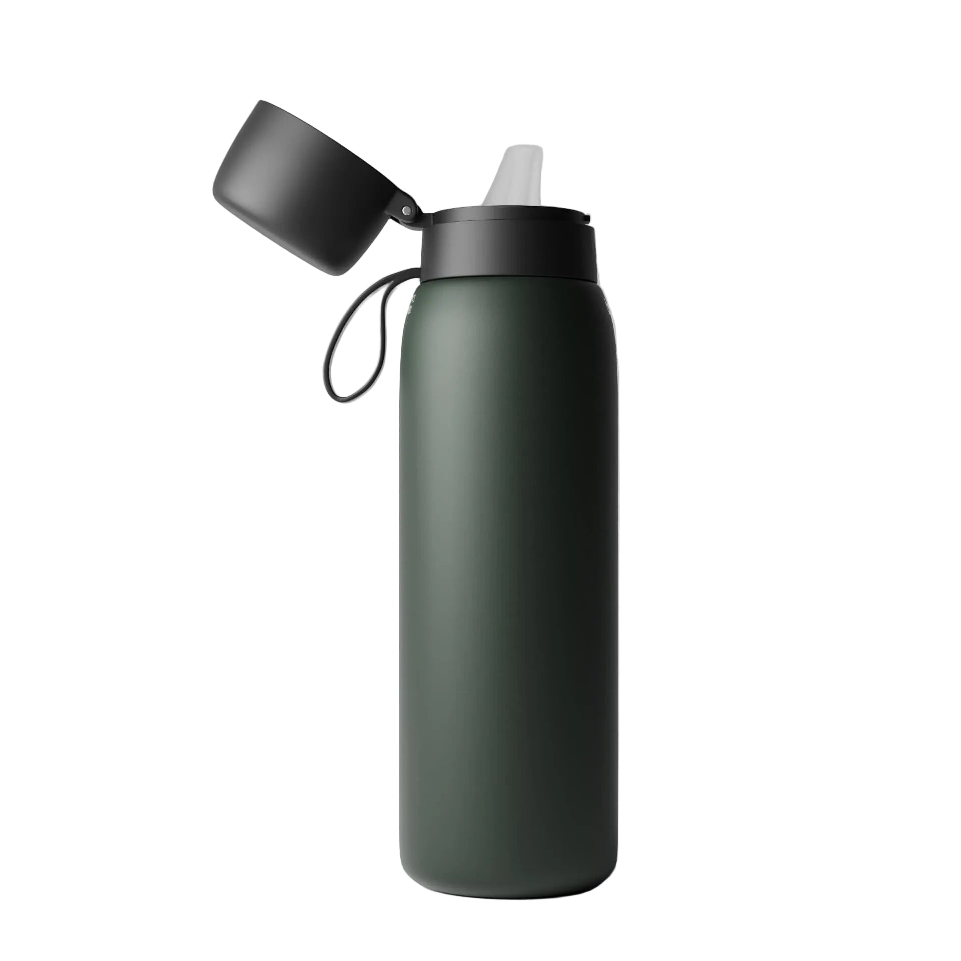 Left side view of the NOMAD SafeSip insulated stainless steel filtered water bottle with leakproof flip-top lid, silicone mouthpiece and integrated carry loop.