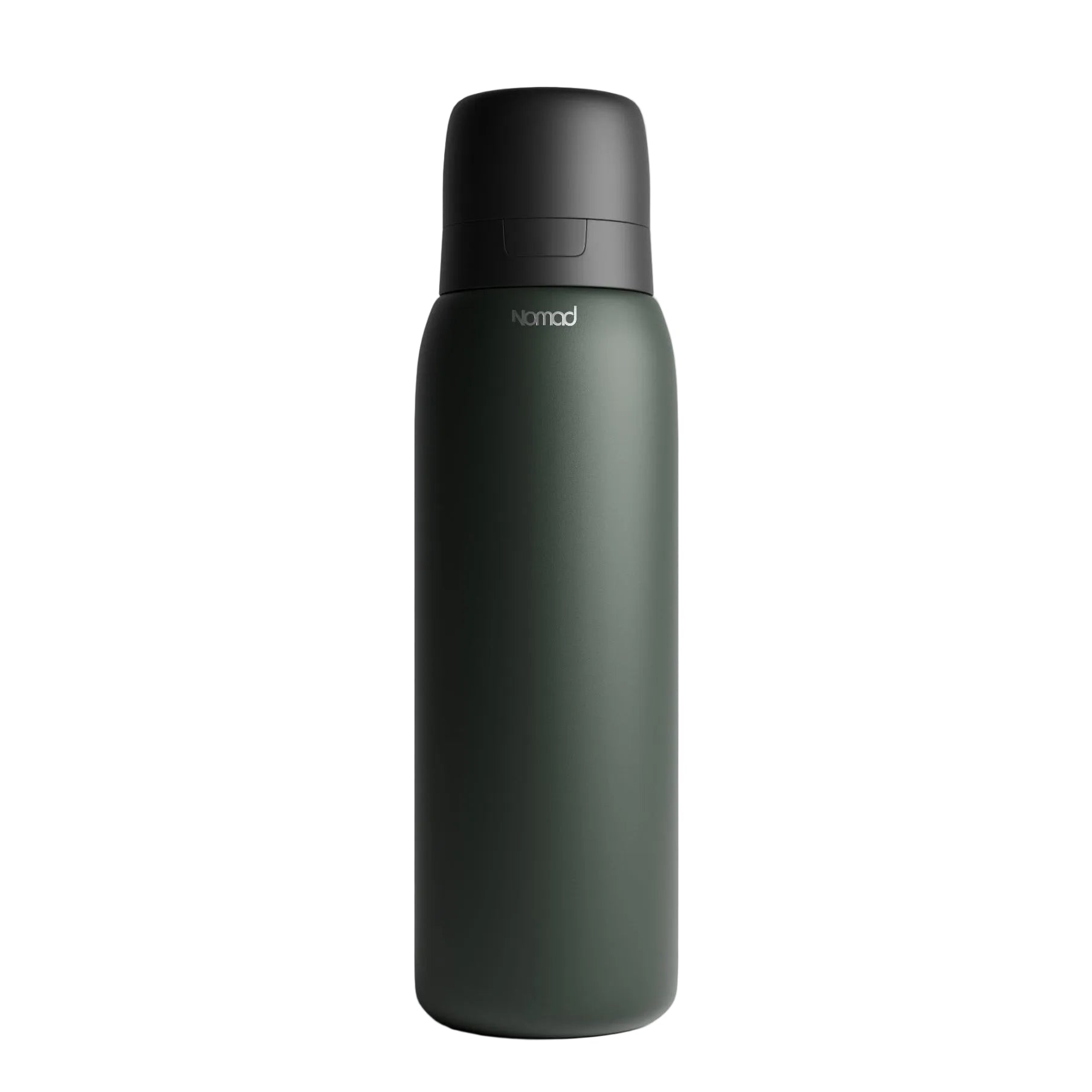 Front view of the NOMAD SafeSip insulated stainless steel filtered water bottle in olive green with integrated silicone mouthpiece and leakproof flip-top lid. #color_midnight-green