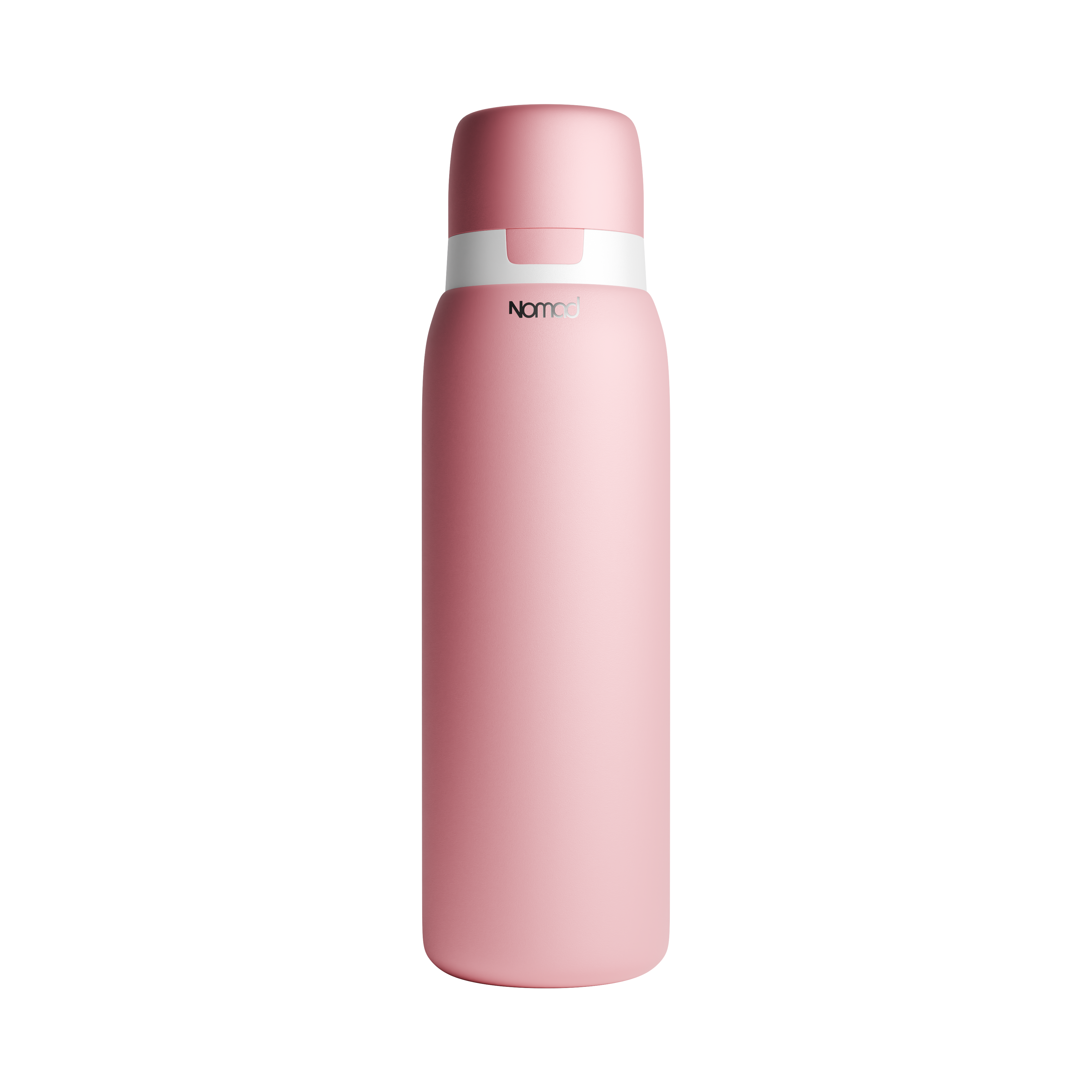 A matte pink NOMAD SafeSip Purifier vacuum-insulated water bottle with a matching pink lid and a white band around the neck, featuring the 'NOMAD' brand logo, set against a plain white background.