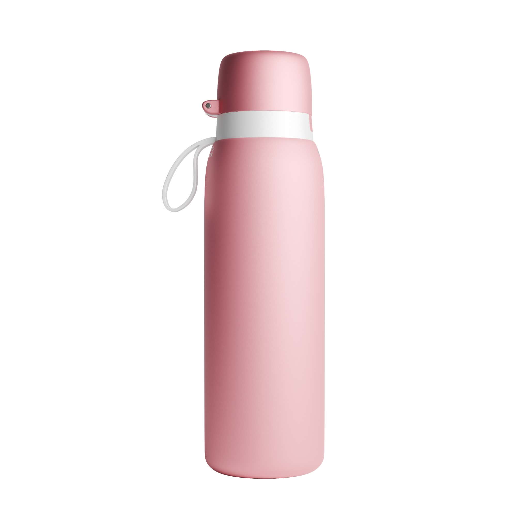 A matte pink NOMAD SafeSip Purifier water bottle with a matching pink cap, a white band around the neck, and a white carrying loop, shown on a plain white background.