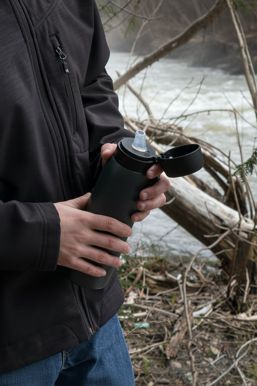 Person holding a black insulated travel mug outdoors purifier bottle near a body of water.