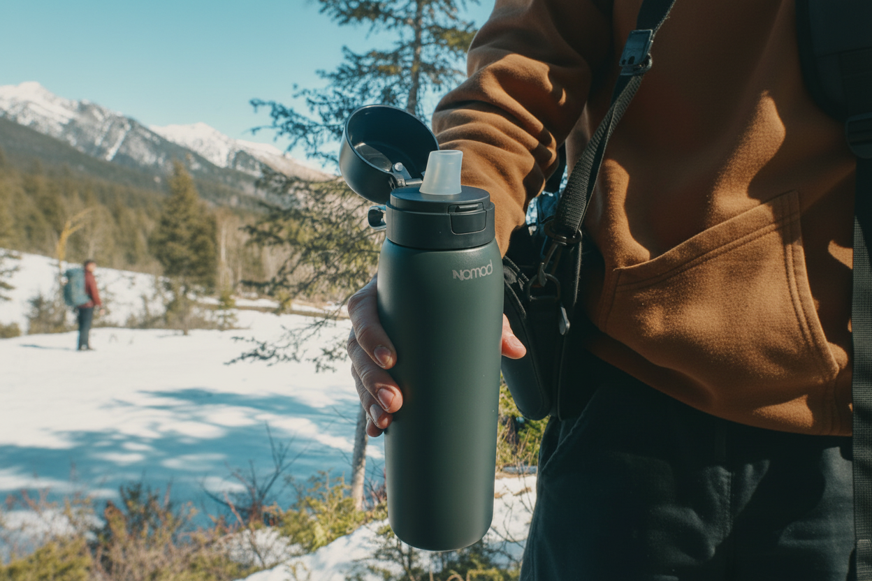 Person holding a green safesip water bottle with a snowy landscape in the background