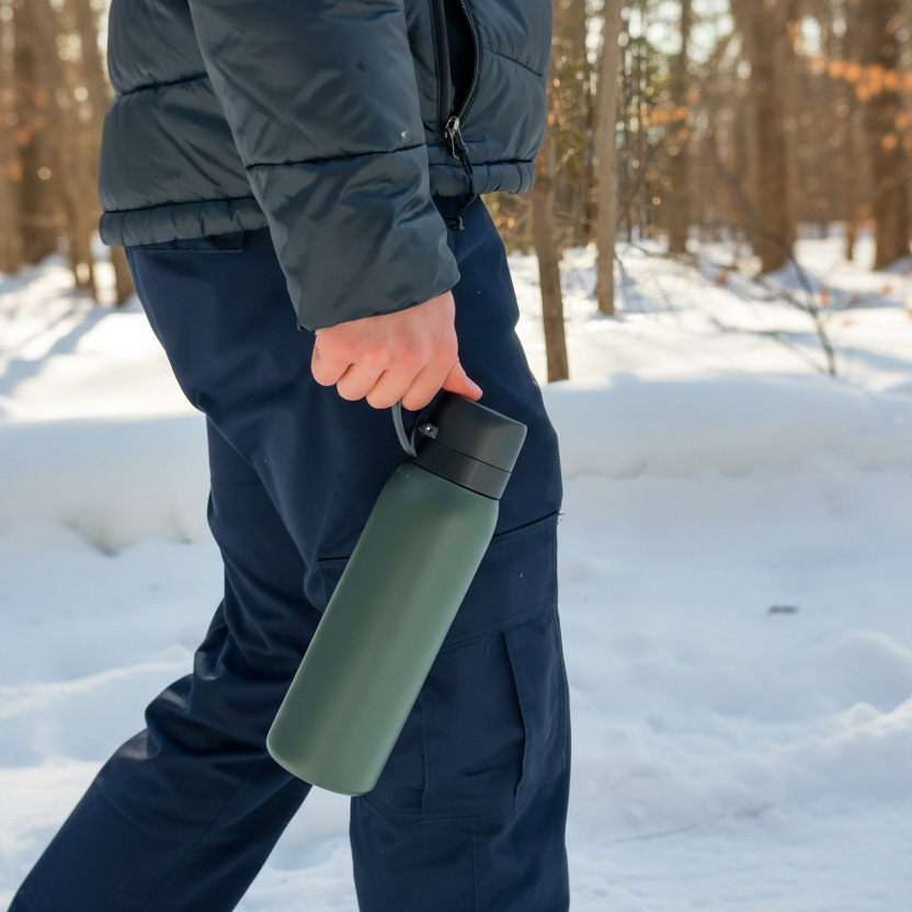 Person holding a green NOMAD insulated bottle in a snowy landscape
