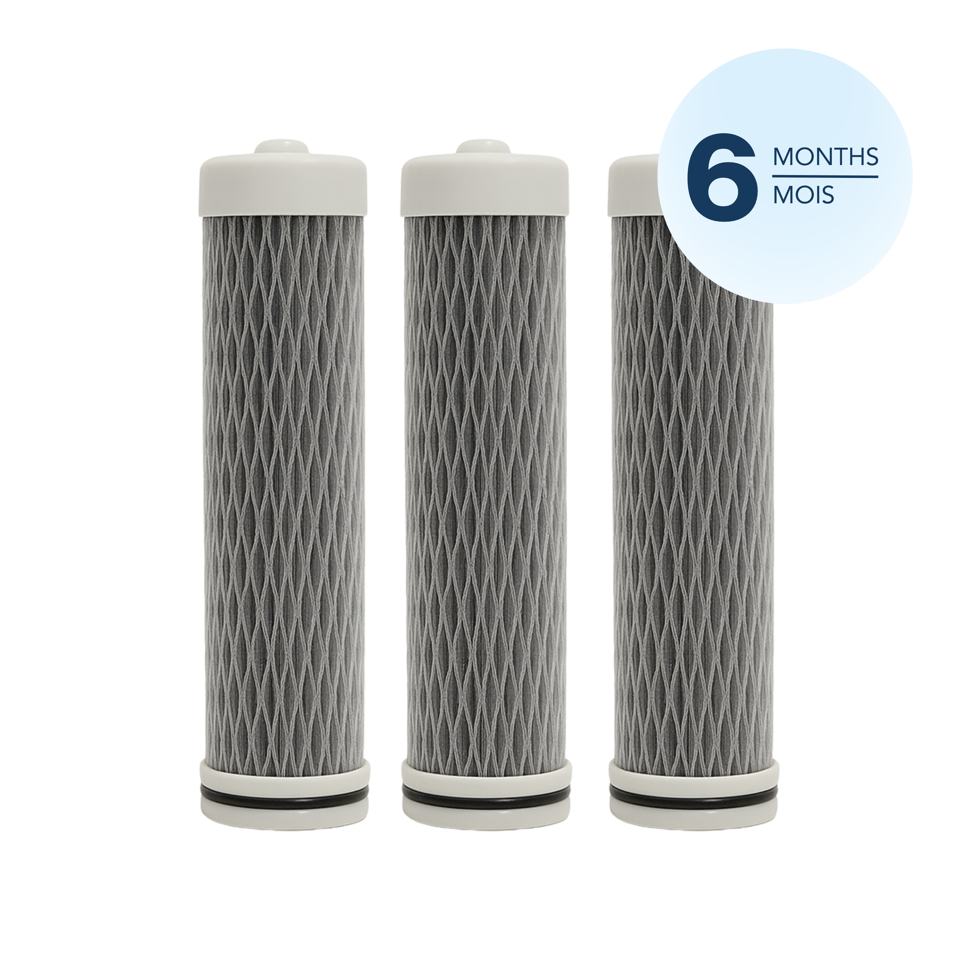 Three cylindrical atomx advanced filters with a '6 Months' label on a white background