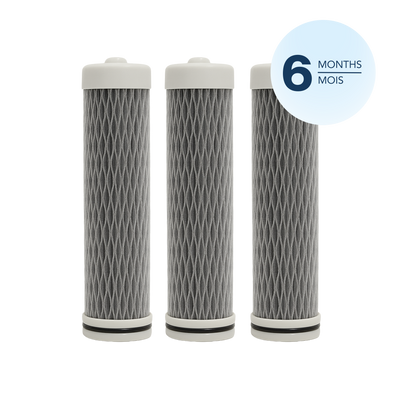 Three cylindrical atomx advanced filters with a '6 Months' label on a white background