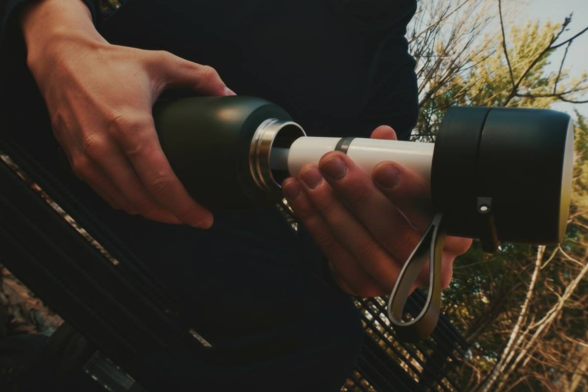 Person holding a black green outdoors bottle with trees in the background