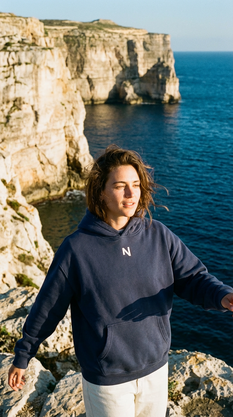 Person wearing a navy NOMAD hoodie , standing on a cliff overlooking the ocean.