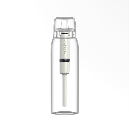 Clear NOMAD water bottle with a black and white SafeSip straw on a white background 