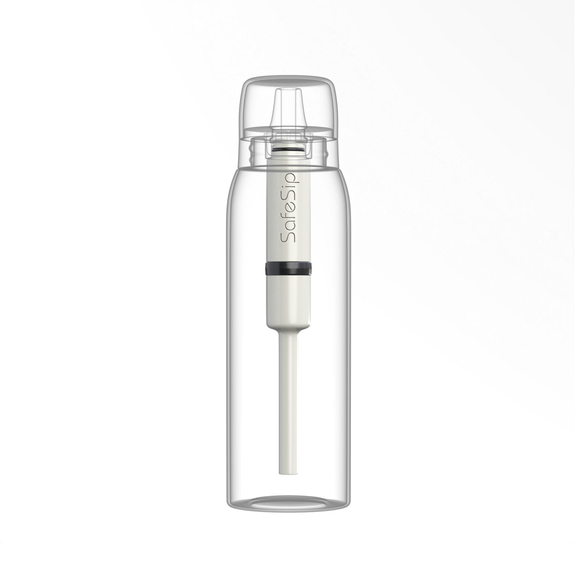 Nomad Safesip Water Bottle Technical Spec. Clear reusable water bottle with straw, isolated on white background 