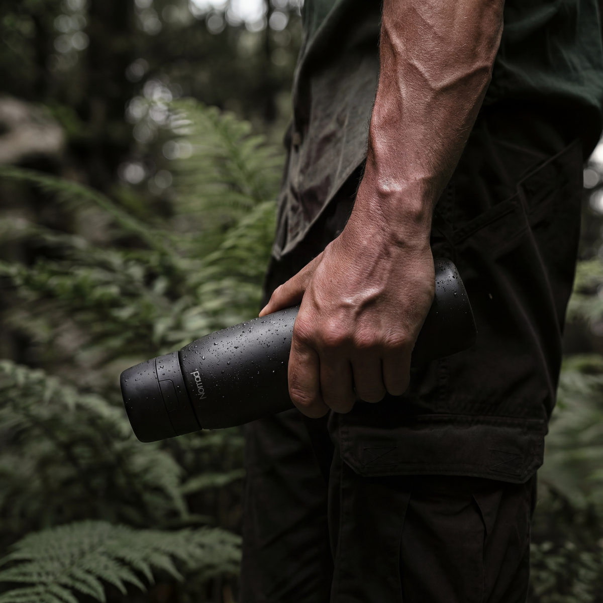 Close-up of a hiker holding a matte black NOMAD SafeSip water bottle in a lush forest, with water droplets on the bottle and soft natural background, highlighting rugged outdoor hydration and premium reusable filtration bottle design.