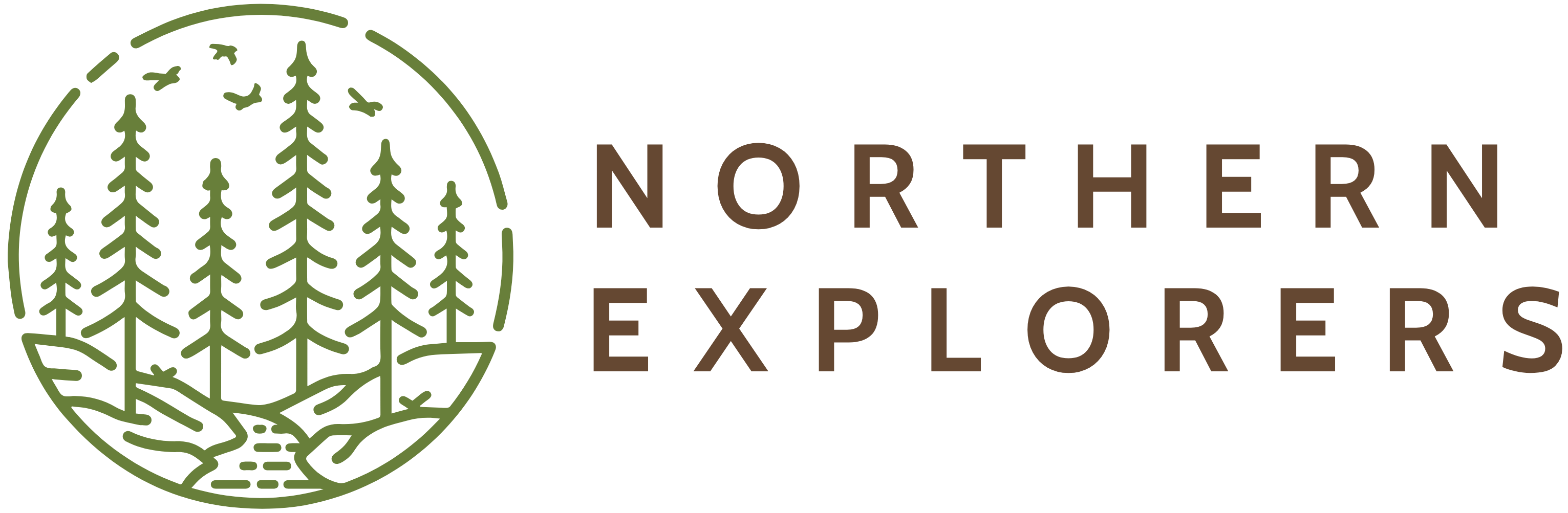 A logo on a white background featuring an olive green circular line-art emblem of pine trees, birds, and a stream, next to the words 'NORTHERN EXPLORERS' in brown serif text