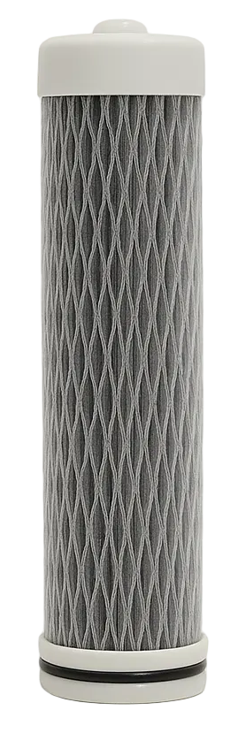 Cylindrical bottle filter with white top and base on a white background