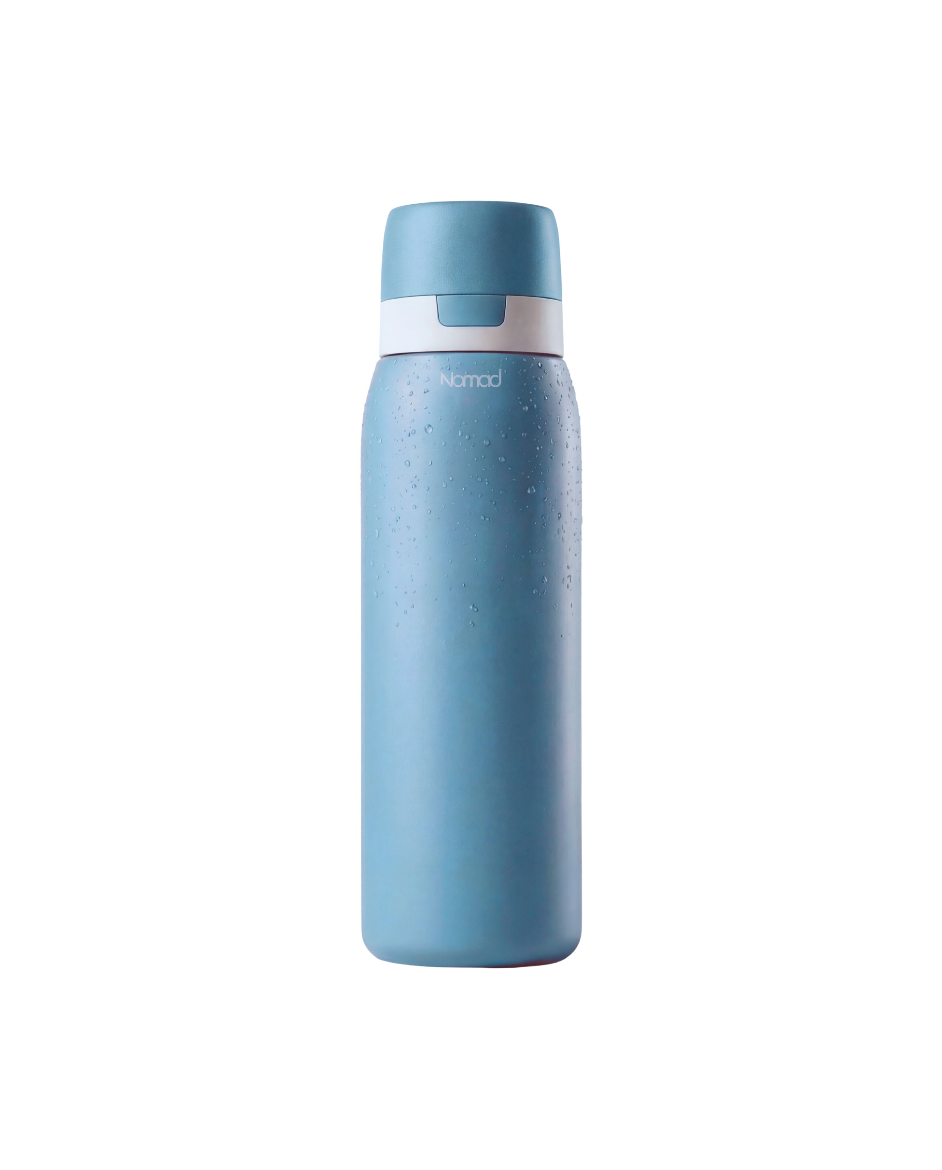NOMAD Blue water bottle with a filtration system inside 
