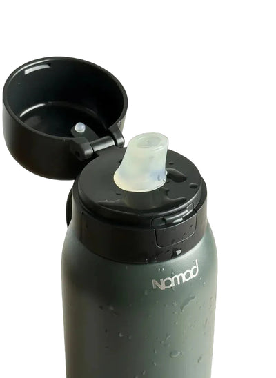 NOMAD SafeSip insulated filtered water bottle Midnight Green side angle 