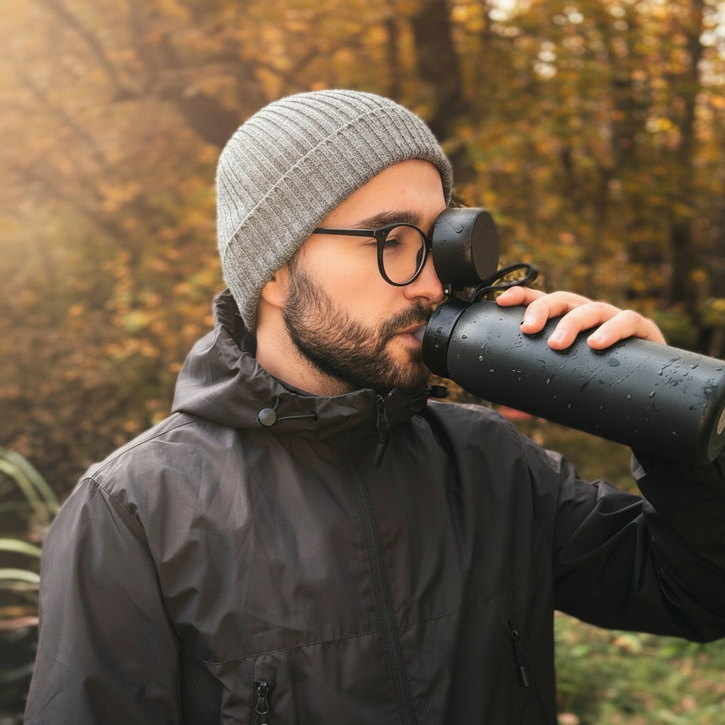 Man drinking from a thermos SafeSip Bottle outdoors in a forest.