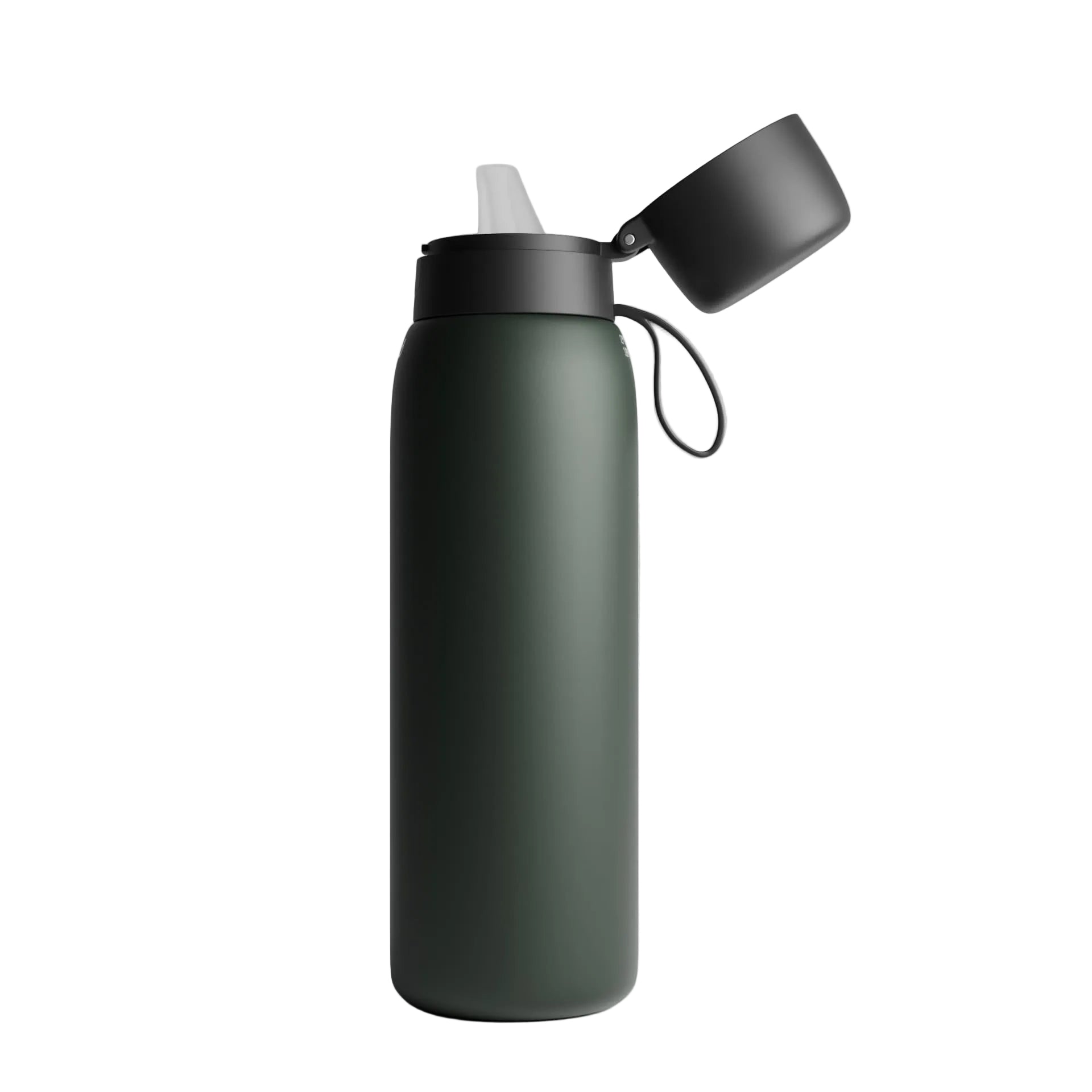 Left side view of the NOMAD SafeSip insulated stainless steel filtered water bottle with leakproof flip-top lid, silicone mouthpiece and integrated carry loop. 