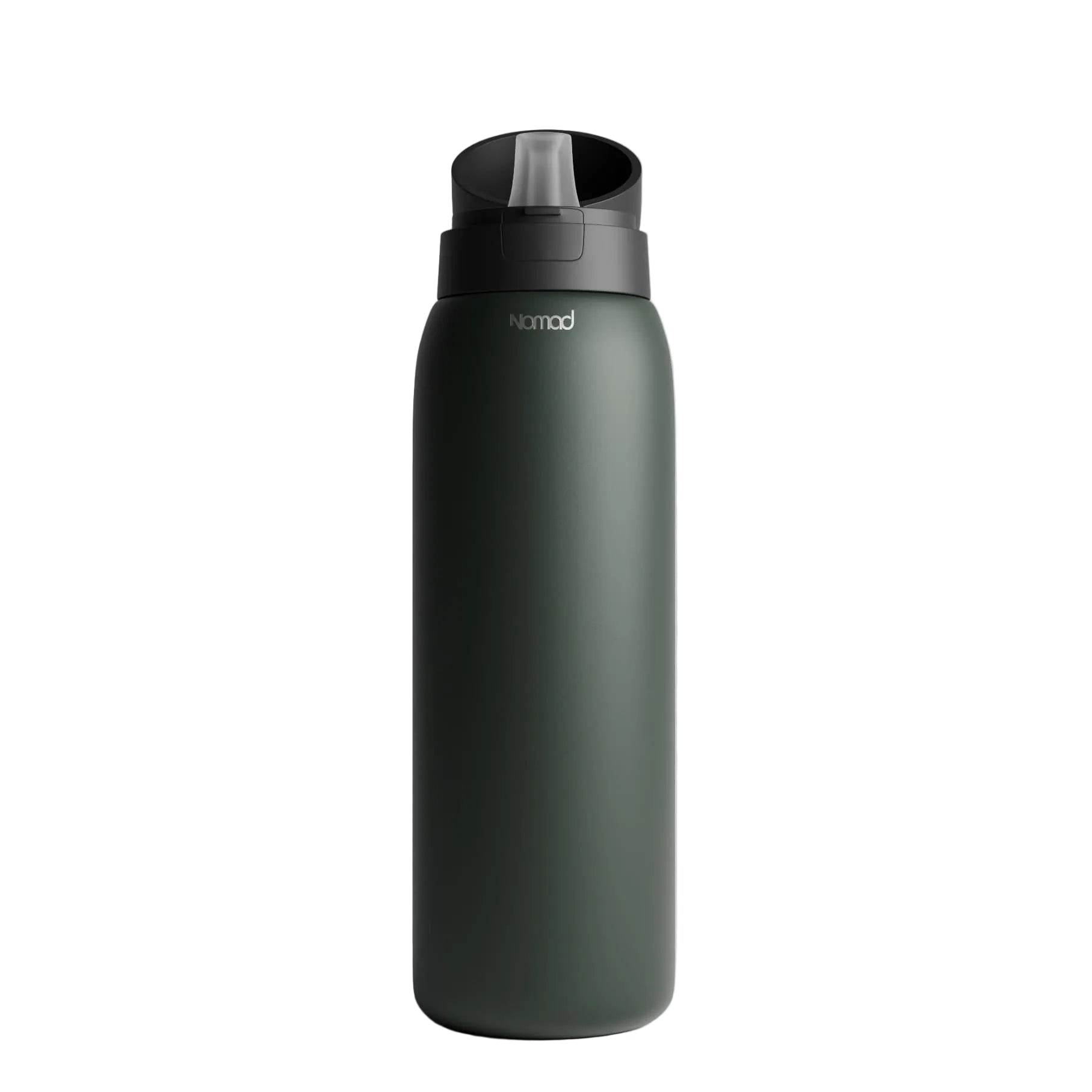 NOMAD SafeSip insulated filtered water bottle with flip-top lid open, soft silicone mouthpiece and olive green stainless steel body for clean drinking water on the go. #color_midnight-green
