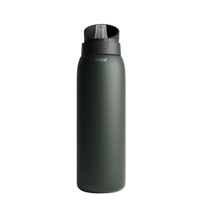 NOMAD SafeSip insulated filtered water bottle with flip-top lid open, soft silicone mouthpiece and olive green stainless steel body for clean drinking water on the go. 