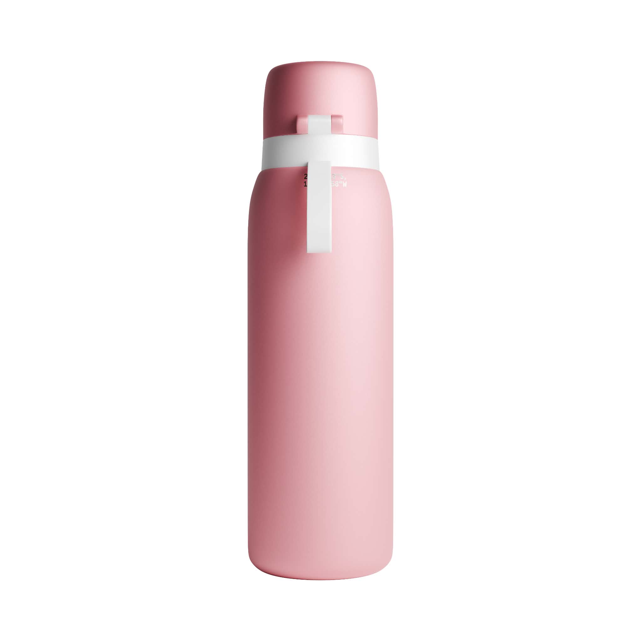 A matte pink stainless steel NOMAD SafeSip Purifier water bottle a white carrying loop and white band detail around the neck, shown on a solid white background. 