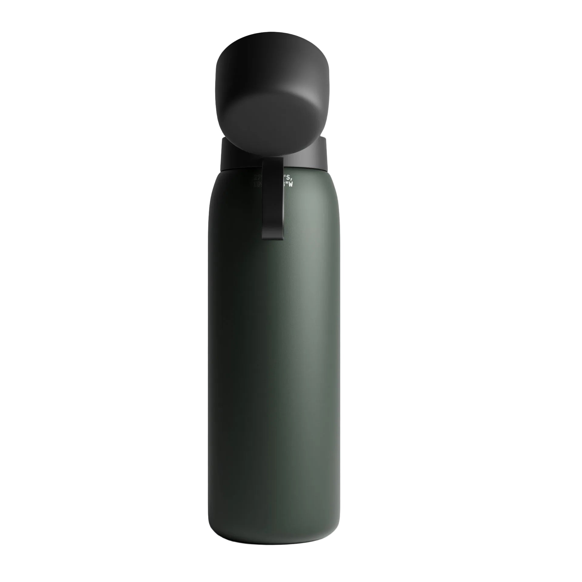 Backview of the NOMAD SafeSip insulated stainless steel filtered water bottle in olive green with integrated silicone mouthpiece and leakproof flip-top lid 