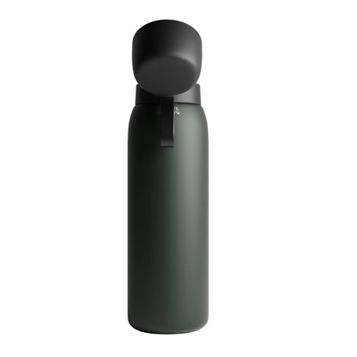 Backview of the NOMAD SafeSip insulated stainless steel filtered water bottle in olive green with integrated silicone mouthpiece and leakproof flip-top lid 