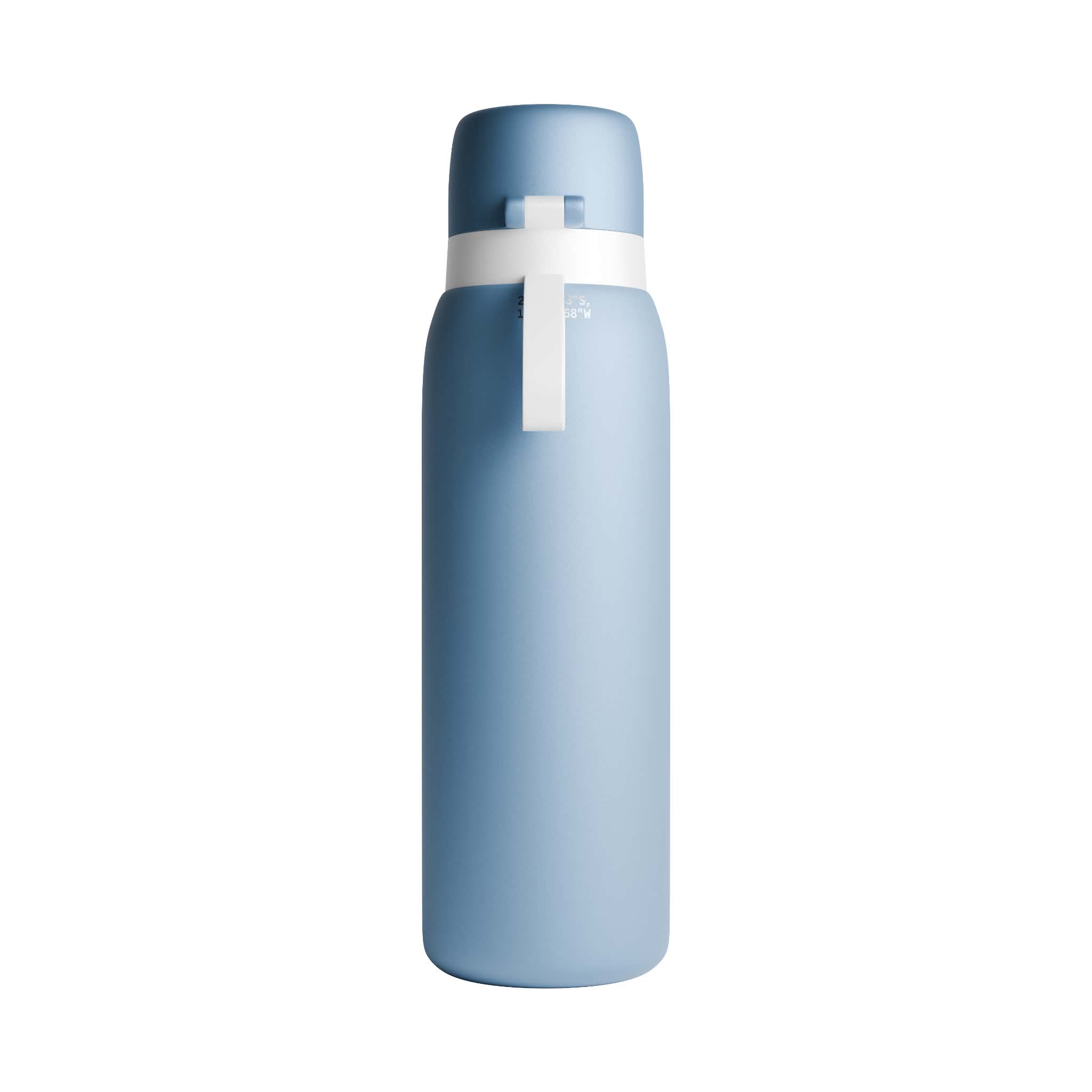 A matte light SafeSip Purifier blue insulated water bottle with a white carrying loop and white collar band, shown on a plain white background. 