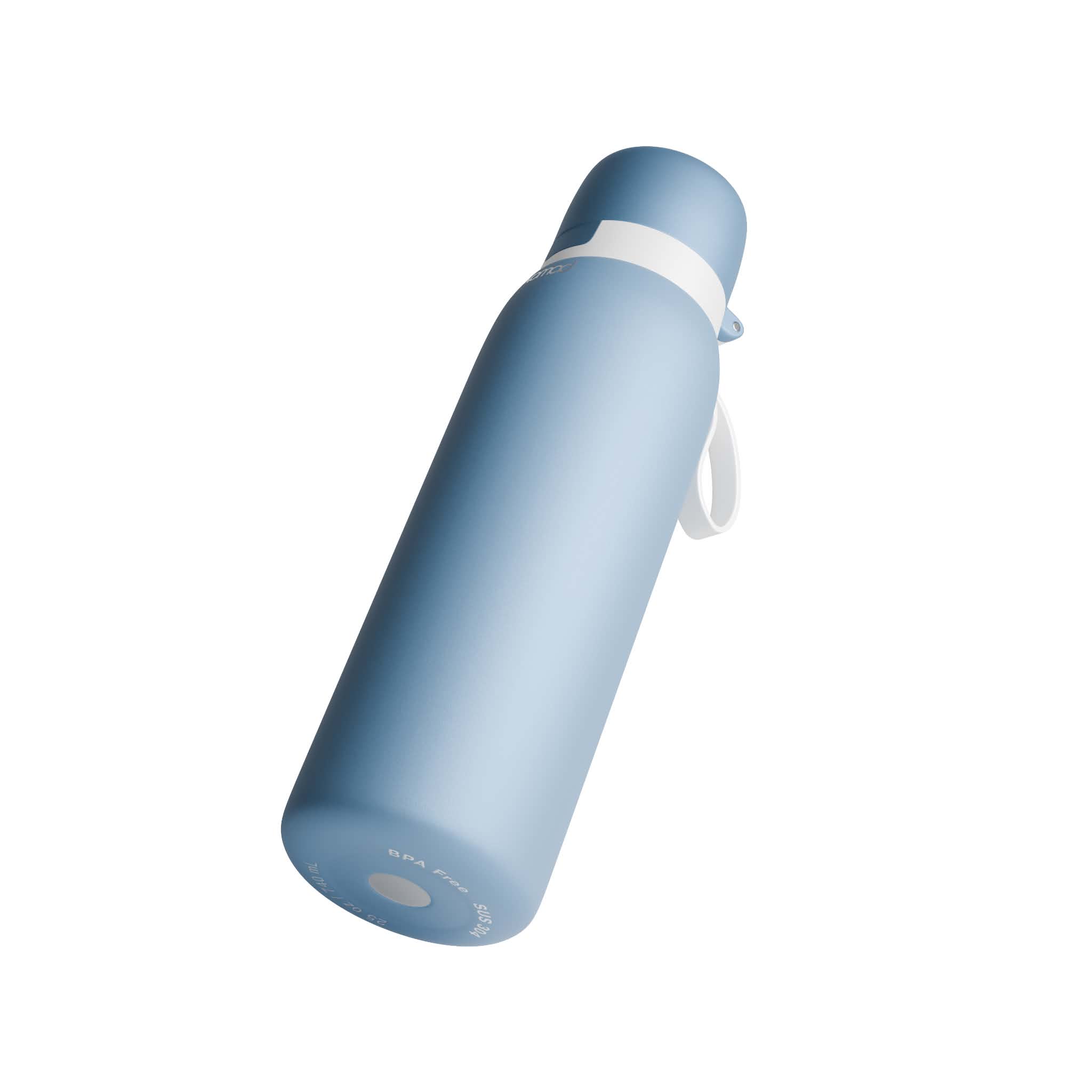 A light blue SafeSip Purifier water bottle with a matching blue cap and a white carrying loop, shown on a plain white background. 