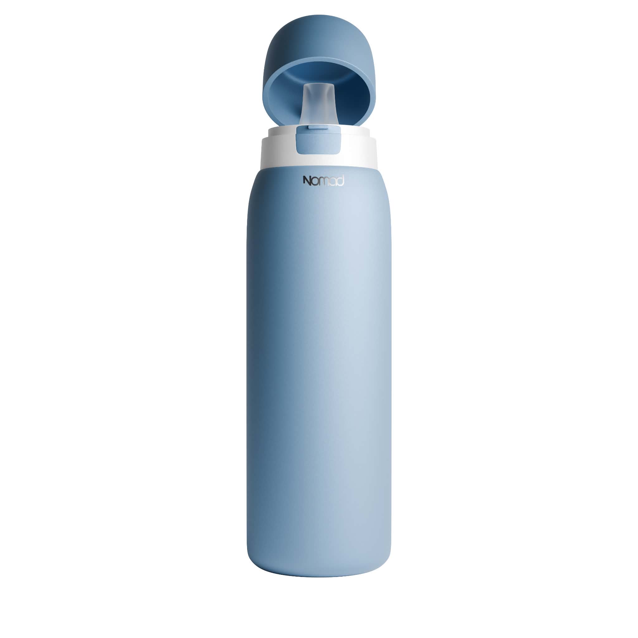 SafeSip Purifier Blue Light Water Bottle on white background with studio light, lid open 