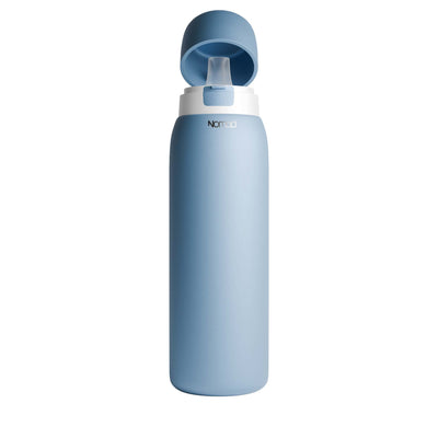 SafeSip Purifier Blue Light Water Bottle on white background with studio light, lid open 