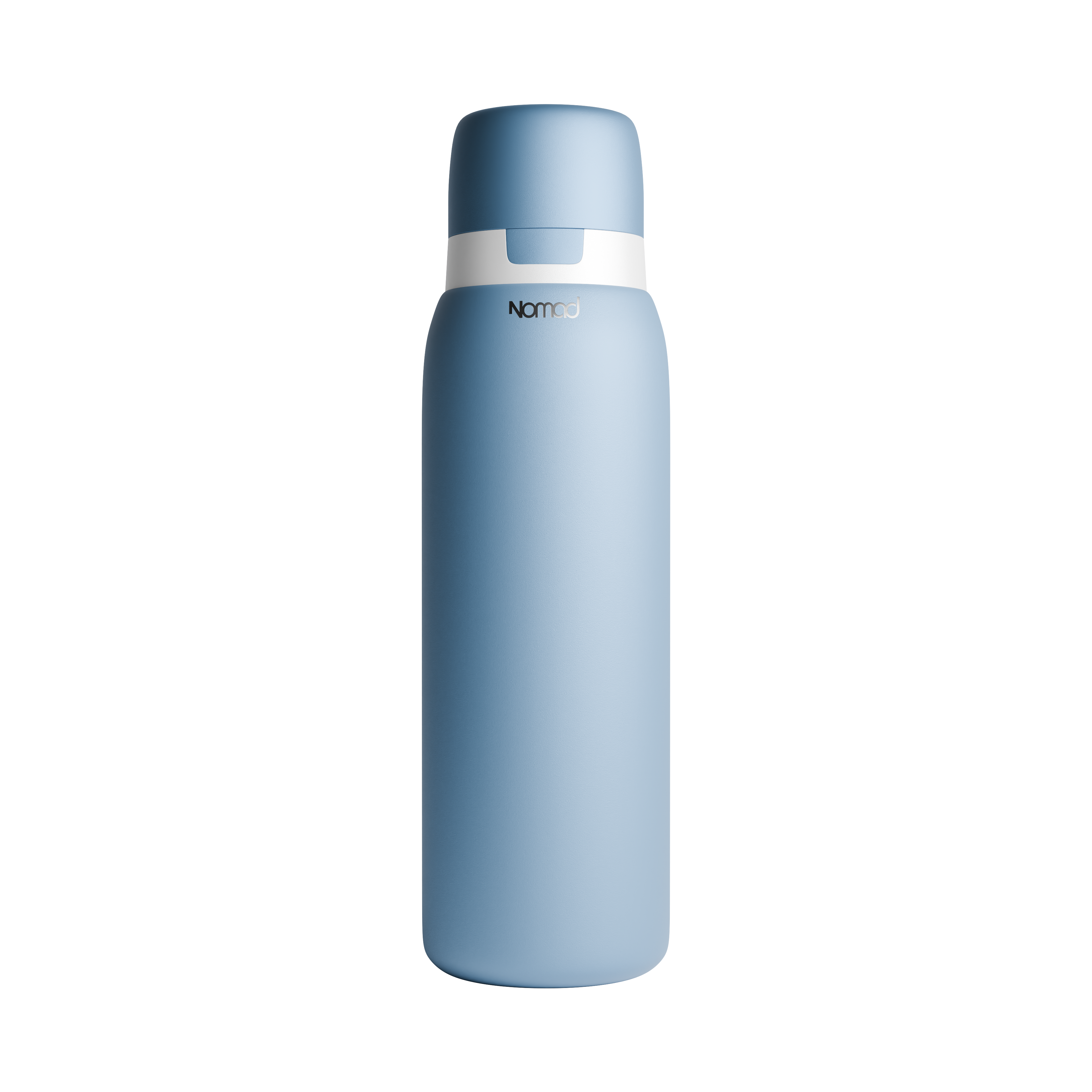 A light blue SafeSip Purifier matte vacuum-insulated water bottle with a matching blue lid and a white band near the top, featuring the 'NOMAD' brand logo, shown on a solid white background. 