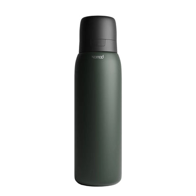Front view of the NOMAD SafeSip insulated stainless steel filtered water bottle in olive green with integrated silicone mouthpiece and leakproof flip-top lid. 