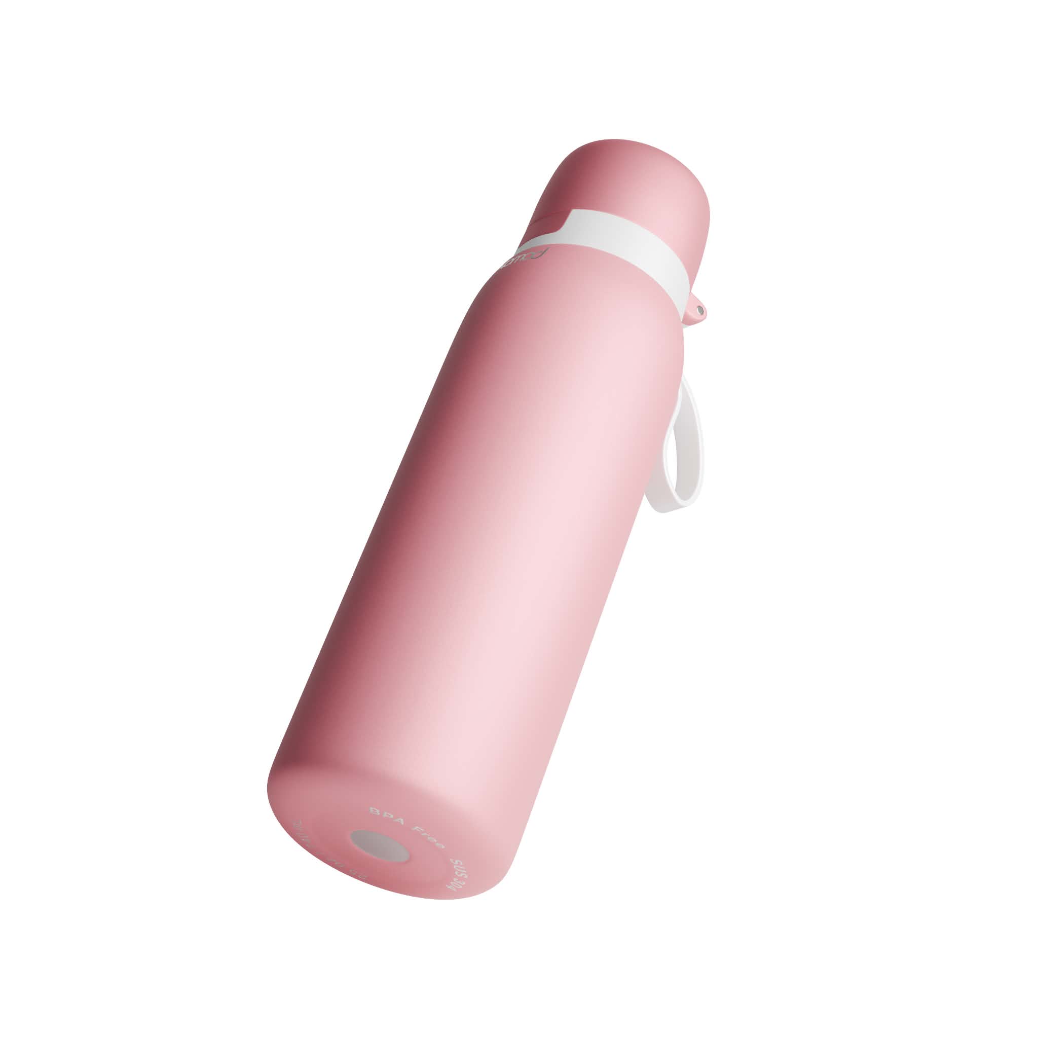 A matte pink SafeSip Purifier water bottle with a white carrying loop and white collar detail, shown at an angle on a solid white background. 