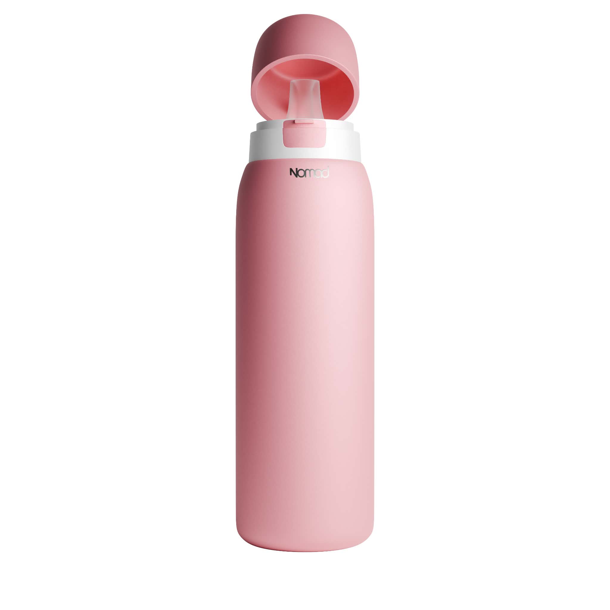 A matte pink SafeSip water bottle with a matching pink flip-up lid and a white collar, featuring the brand name 'NOMAD' printed in black near the top, set against a plain white background. 
