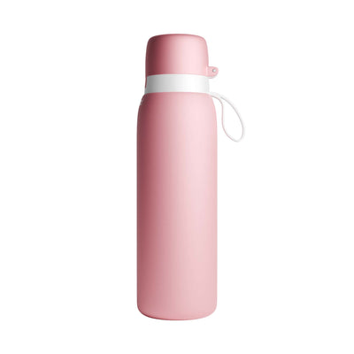 A matte pink SafeSip water bottle with a white collar and a white carrying loop, shown on a solid white background. 