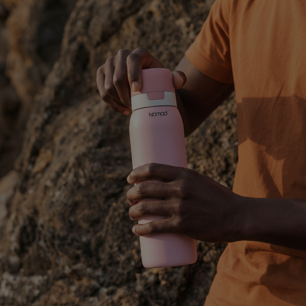 Person holding a pink water bottle with 'Nomad' branding against a rocky background