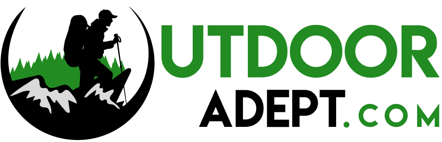 Logo of 'Outdoor Adept' with a silhouette of a person hiking and mountains on a green background.