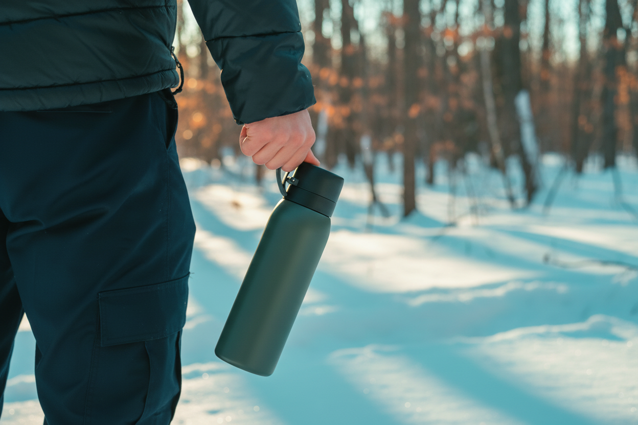 Person holding a green nomad insulated bottle in a snowy landscape