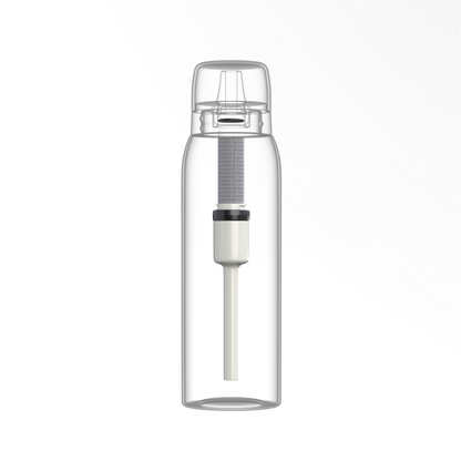 Clear water bottle with black cap and white brush on a white background