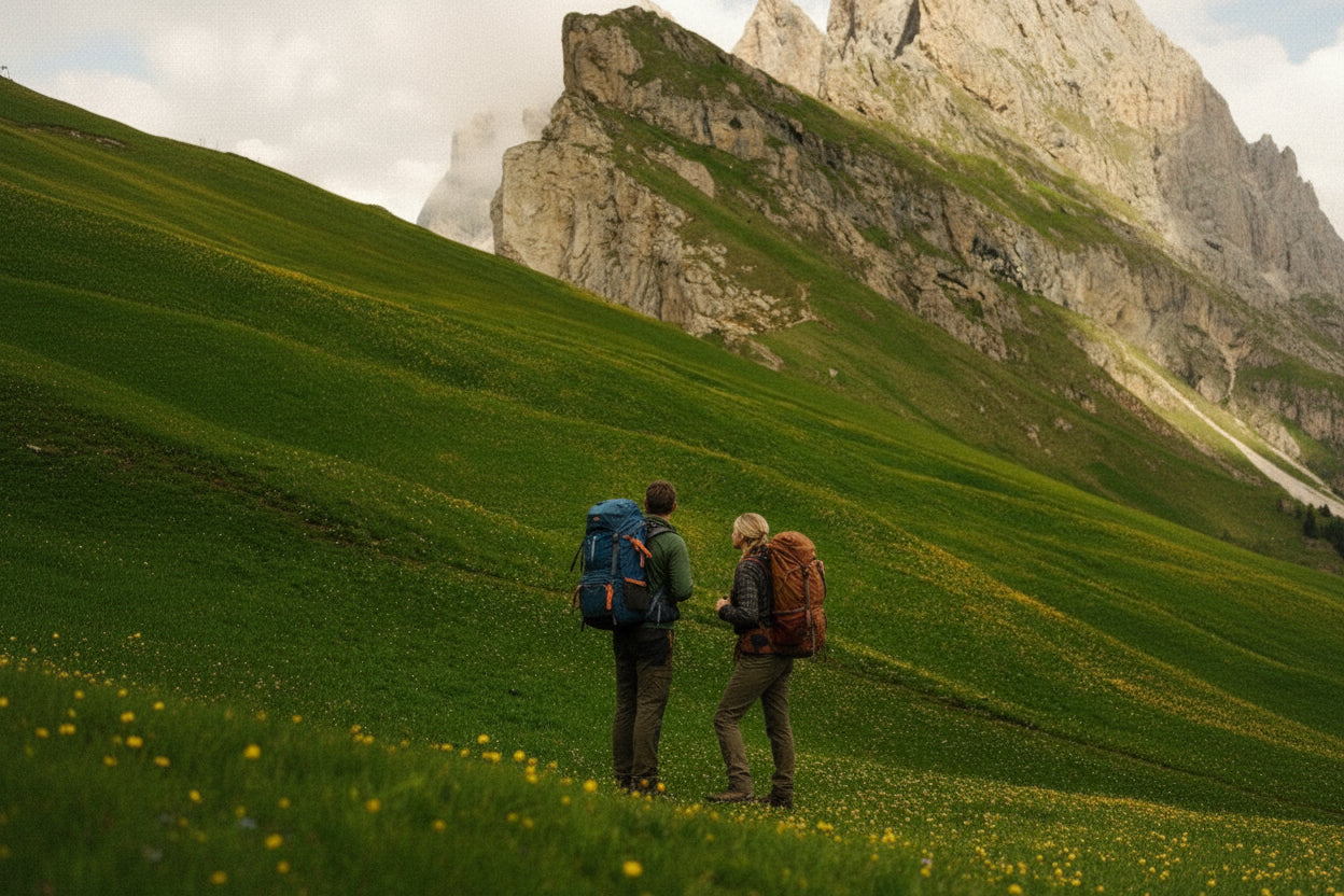 Two people doing handstands on a grassy hill with mountains in the background